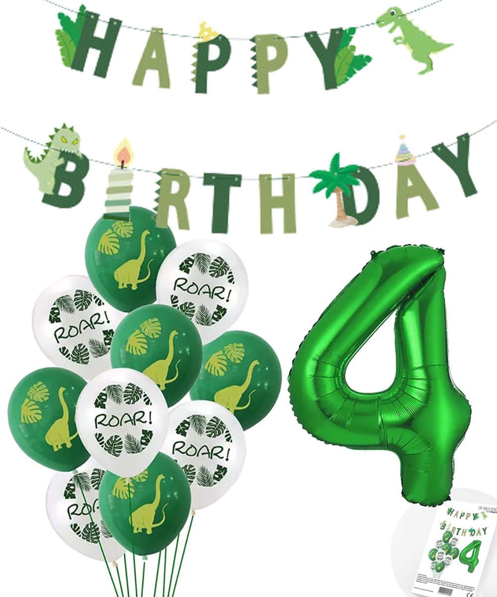Cijfer Ballon 4 Jaar - Dinosaurus - Dino Plus pakket - Groen - Helium Ballon - Snoes
