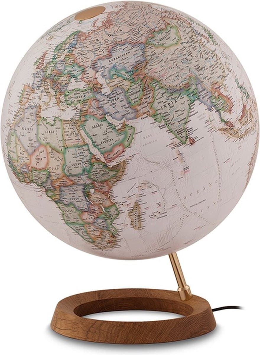 National Geographic globe Neon executive - Wereldbol met lichte eikenhouten voet - ø 30 cm - Nederlandstalig - Met Verlichting