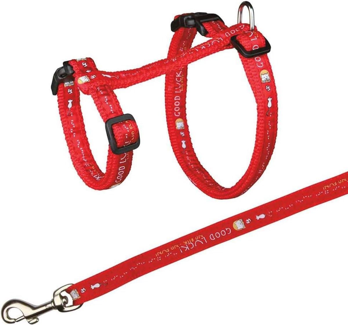 Kattenharnas en Lood Set voor Grote Katten - Verstelbaar Nylon Harnas met Motief, 34-57 cm/13 mm, Rood