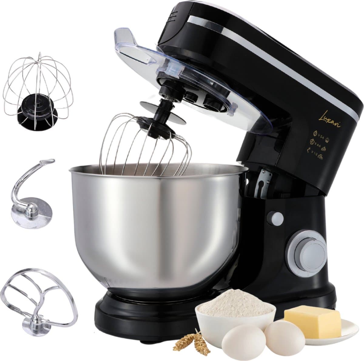 Luxari Keukenmachine – Incl. Spatscherm, 3 Opzetstukken – 6 Snelheden - 6L Mengkom - 1500W - Keukenrobot - Foodprocessor - Keukenmixer - Zwart
