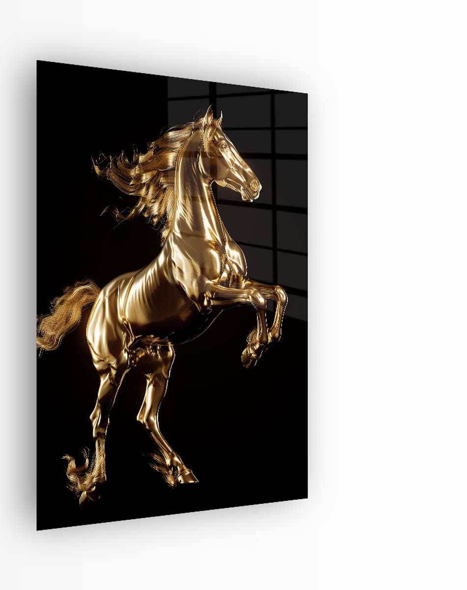 Indoorart - Glasschilderij Gouden Hengst 80x120 CM - Afbeelding op plexiglas - Inclusief montagemateriaal