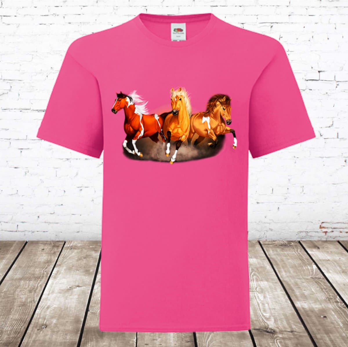Paarden shirt roze -Fruit of the Loom-134/140-t-shirts meisjes