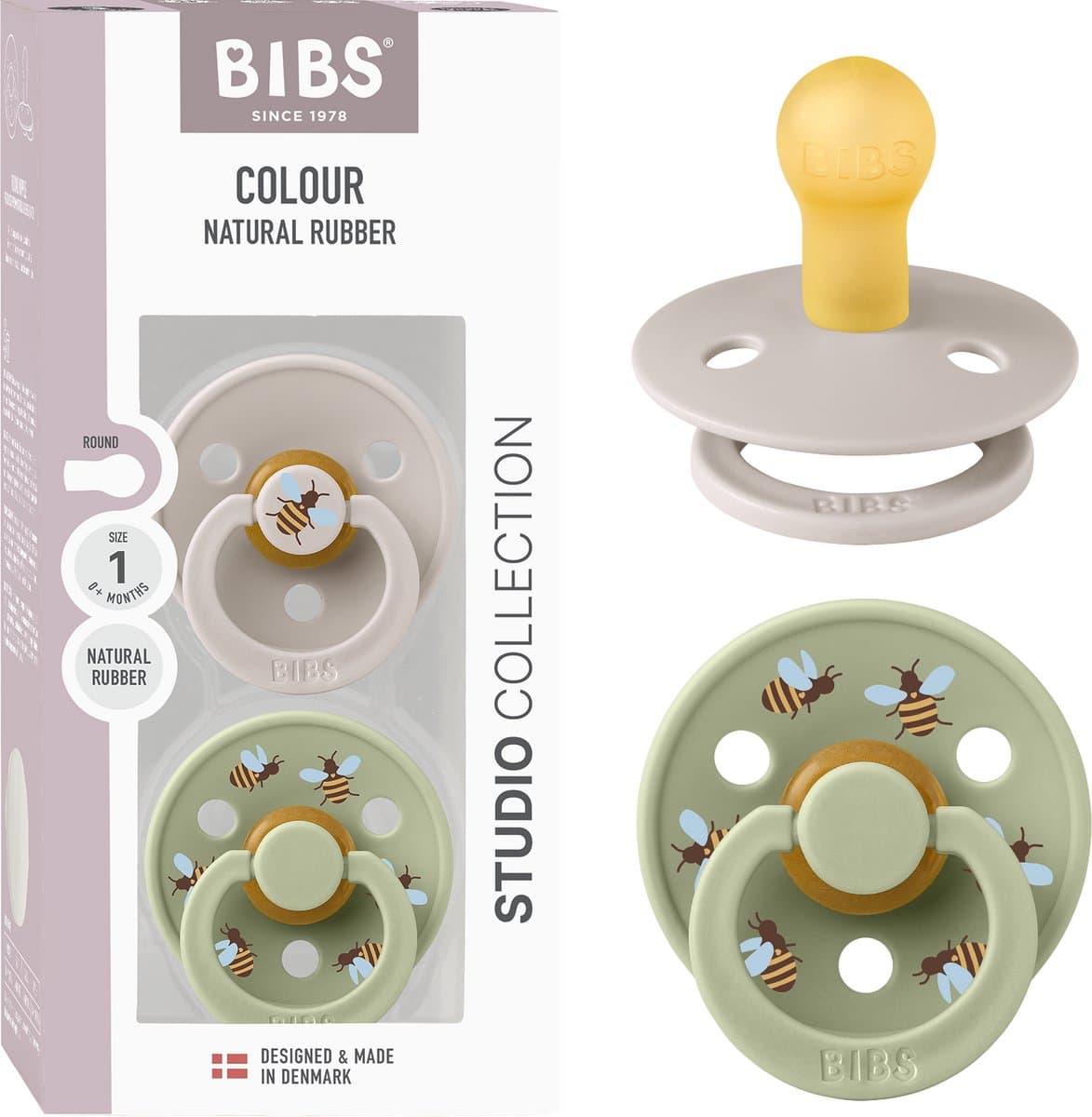 BIBS Colour Studio Speen verpakking van 2 stuks. BPA-vrij, Ronde speen. Natuurlijk rubberlatex, Gemaakt in Denemarken, Maat 1 (0-6 maanden), Mushroom / Sage