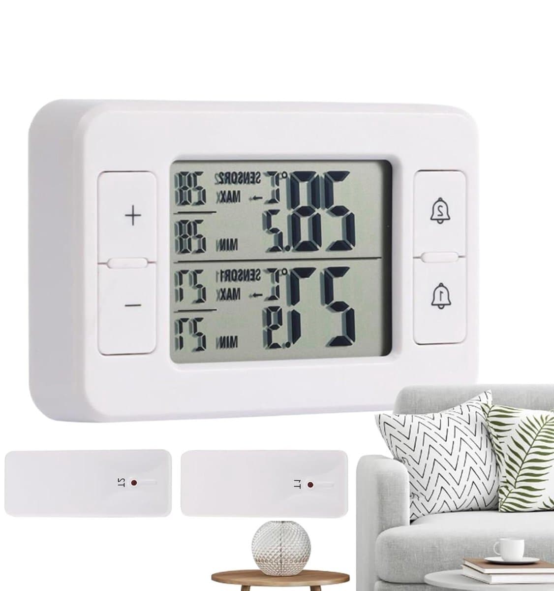 Temperatuurmeetinstrument Koelkast - Vriezer Meter - Temperatuur Bewaken - Dubbele Draadloze Sensoren - 11 Centimeter - Wit