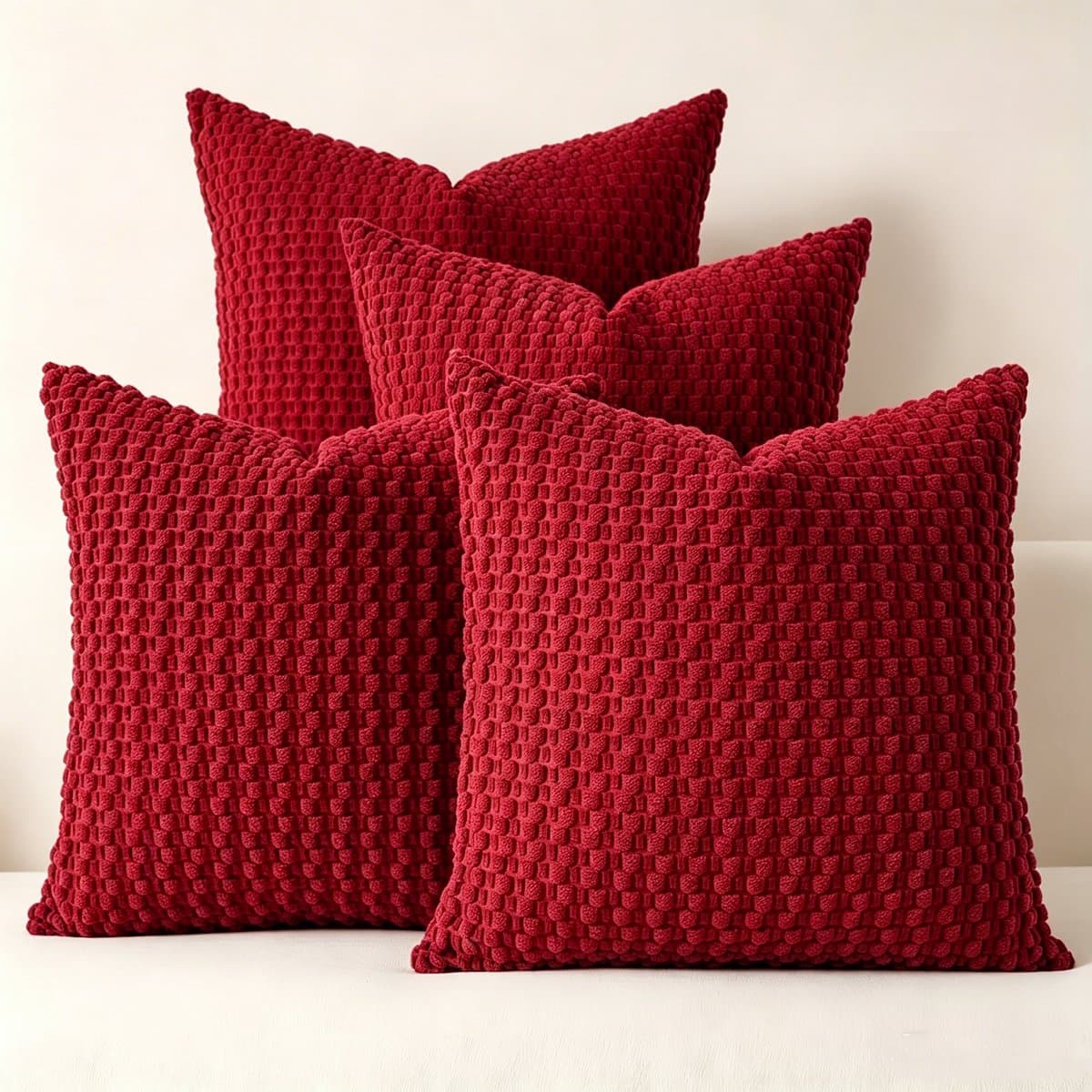 Kraftverdia Kussenhoezen Set – 4 Stuks – 45x45 cm – Corduroy Kussenhoezen – Dubbelzijdig Gestreept – Boho Stijl – Bordeaux – Verborgen Rits – Neutraal voor Bank & Slaapkamer