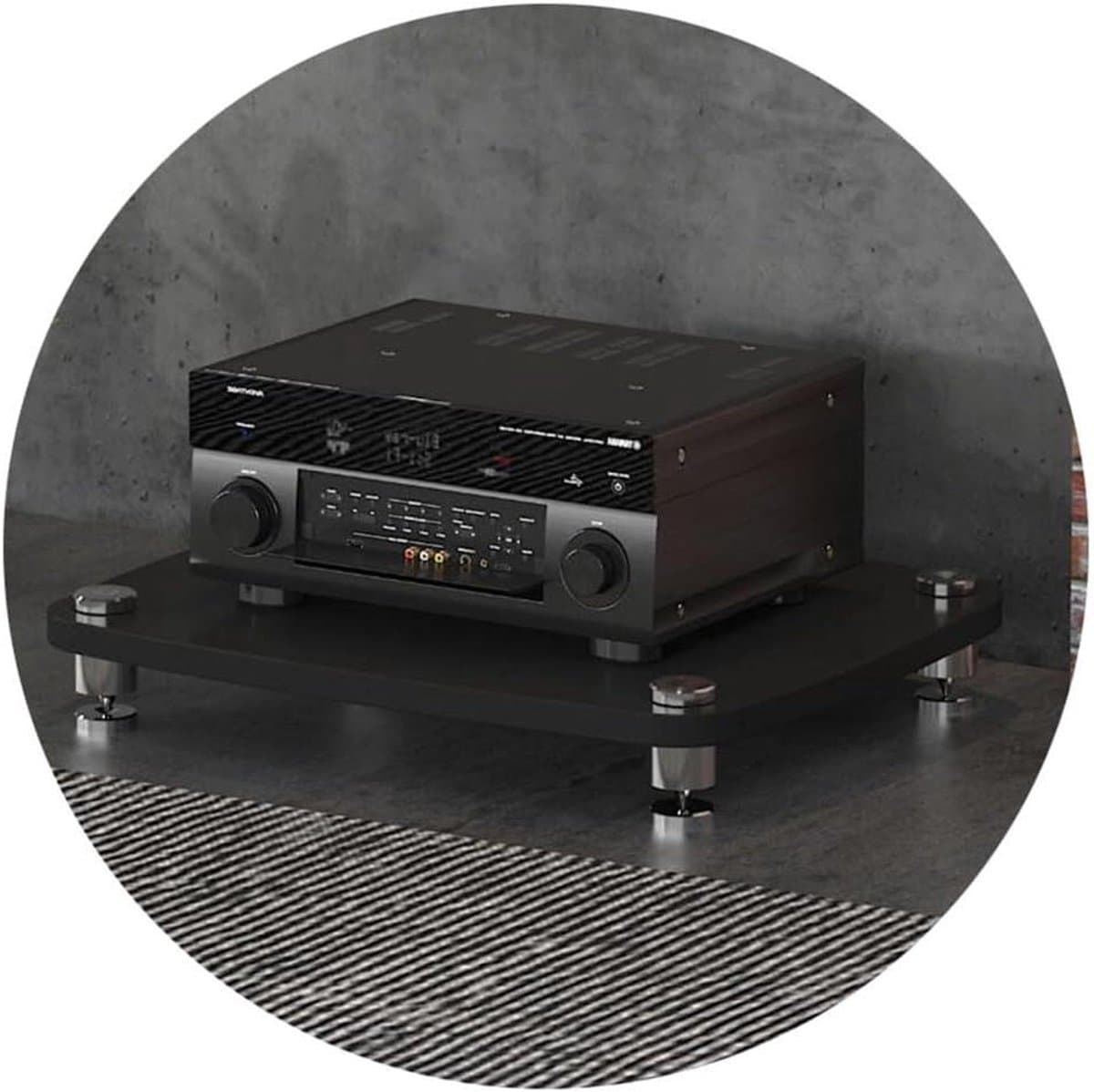 4-laags HiFi-audiokaststandaard voor platenspeler, MDF-audiorek met schokabsorberende voetjes, plank voor eindversterker, zwart, afmetingen: 60x48x10 cm, voor het opbergen van apparatuur.
