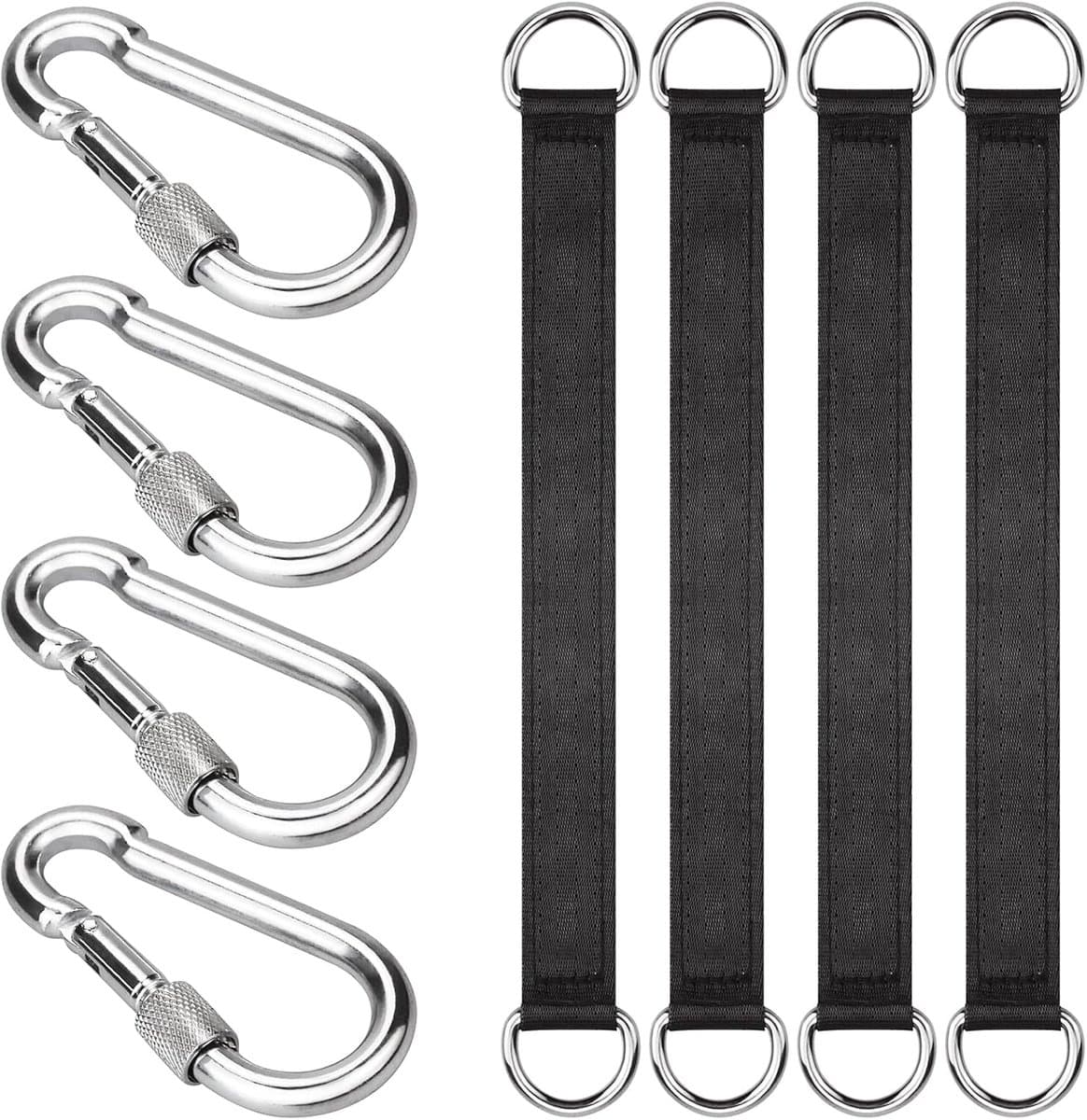 Ophangsysteem voor Hangmat/Schommel/Nestschommel - 4-delige zwarte ophangset voor boomschommels met 4 karabiners - 29 cm - Tot 200 kg. Perfect voor boomschommelhangmatten.
