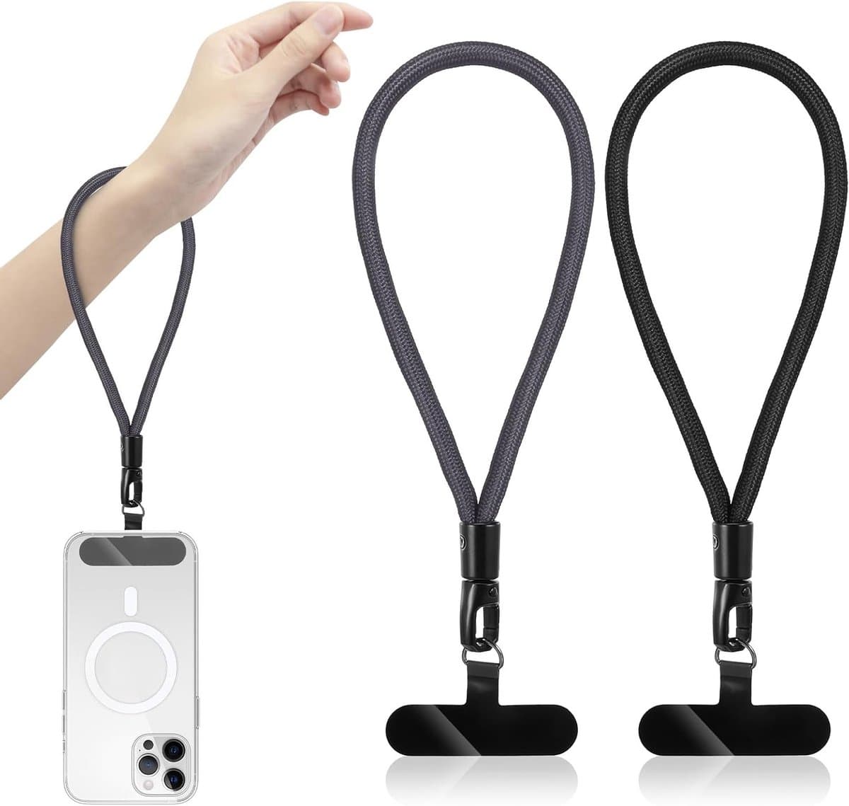 Set van 2 korte mobiele telefoon kettingen met universele polsband, 360° draaibaar en verstelbaar, ultra-dunne mobiele telefoonkoord voor alle smartphones