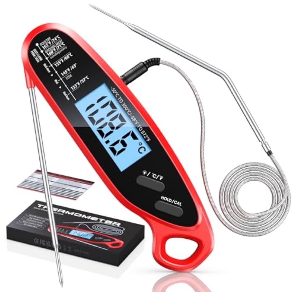 PromoHome Vleesthermometer Digitaal met Dubbele Sondes, 3s Snelle Meting, Groot Verlicht Scherm & Kalibratie, Keuken Oventhermometer voor Olie, Snoep, Jam, Water