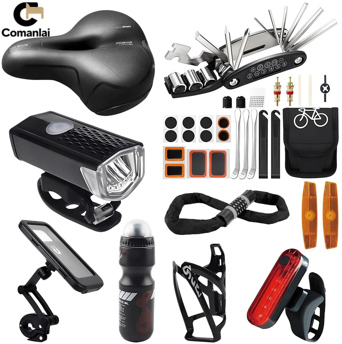 Velmio 8-in-1 Fietsset - Fietszadel - Multitool & Lichtset - Waterfles & Waterfleshouder - Telefoonhouder & Bandenreparatieset - Fiets Survivalkit - Voor Kamperen en Outdoor