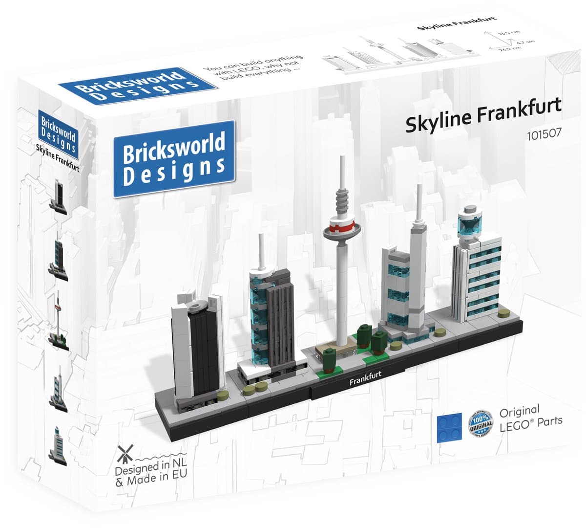 Bricksworld BOC-SKY-FRA Architectuur Skyline Frankfurt (D) modules Commerzbank, Europaturm, Henningerturm, Mainturm & Trianon. Samengesteld uit originele nieuwe LEGO® onderdelen.