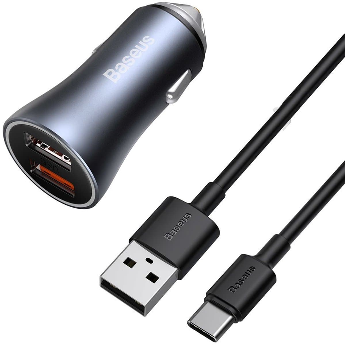 Baseus Autolader USB 2 Poorten - Auto Oplader USB - Auto Lader - Sigarettenaansteker USB oplader auto - Zeer compact - 2.4A - Universeel Met kabel USB naar USB-C 1m (grijs)