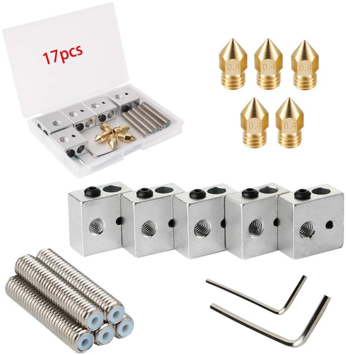 RUNCCI-YUN 5-delige MK8 Extruder Kit met Teflon Tube, Brass Nozzles en Heating Blocks voor 3D Printers