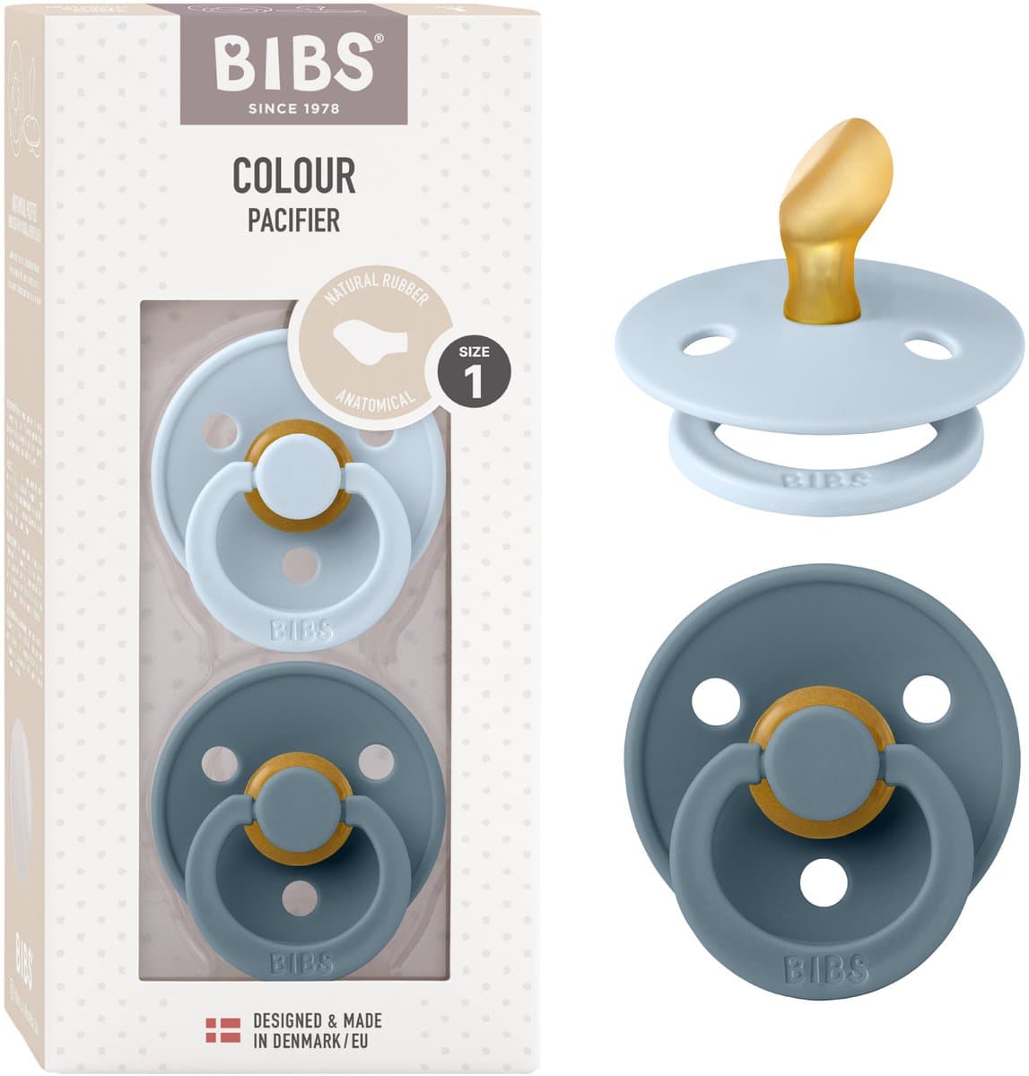 BIBS Colour speen verpakking 2 stuks, BPA-vrije fopspeen, Anatomische speen. Natuurlijk rubberlatex, Gemaakt in Denemarken. Maat 1 (0-6 maanden), Baby Blue / Petrol