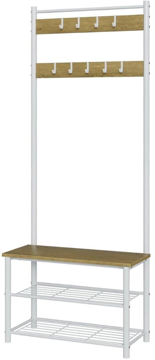 DnA® Kapstok Met Schoenenrek - Halmeubel Met kapstok - Kapstok Met Bankje - Wit - 70cm x 33cm x 175cm