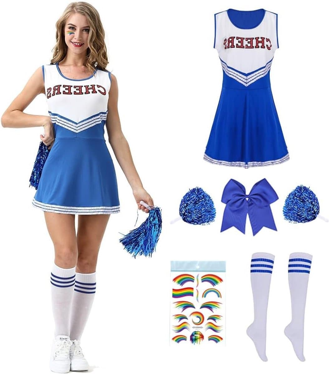 Vrouwelijk Cheerleader Kostuum, Maat S, Inclusief Pompoms en Sokken, Perfect voor Carnaval en Halloween Feesten
