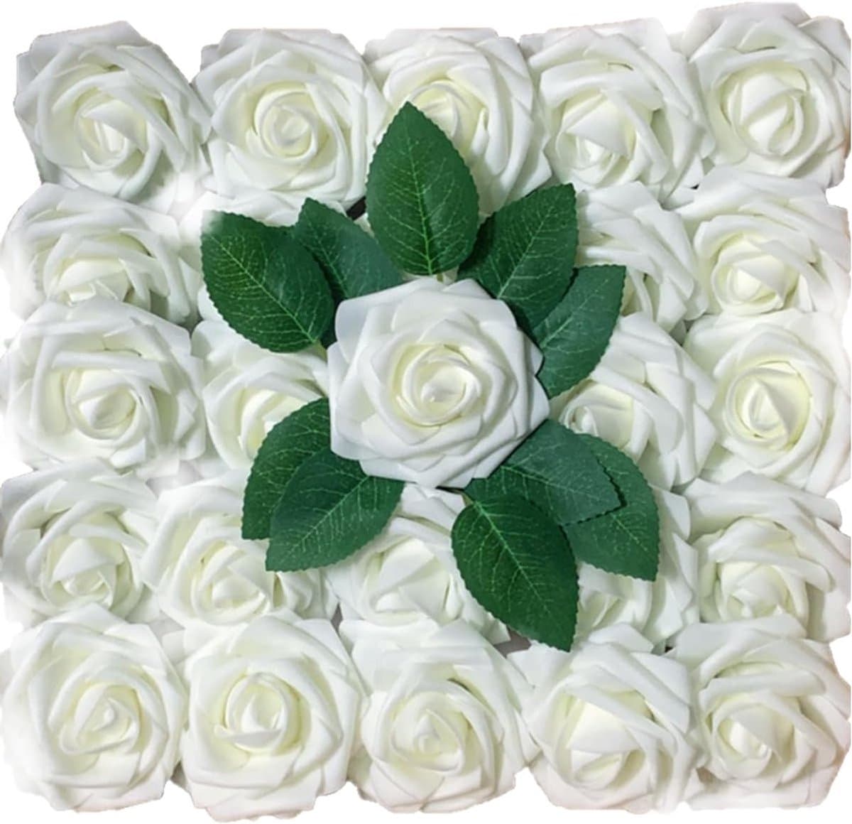 Elegante Rozenkoppen van Zijde voor Bruiloften en Feestdecoraties - 25 Stuks Milky White, Perfect voor Bloemarrangementen en Verjaardagsversieringen