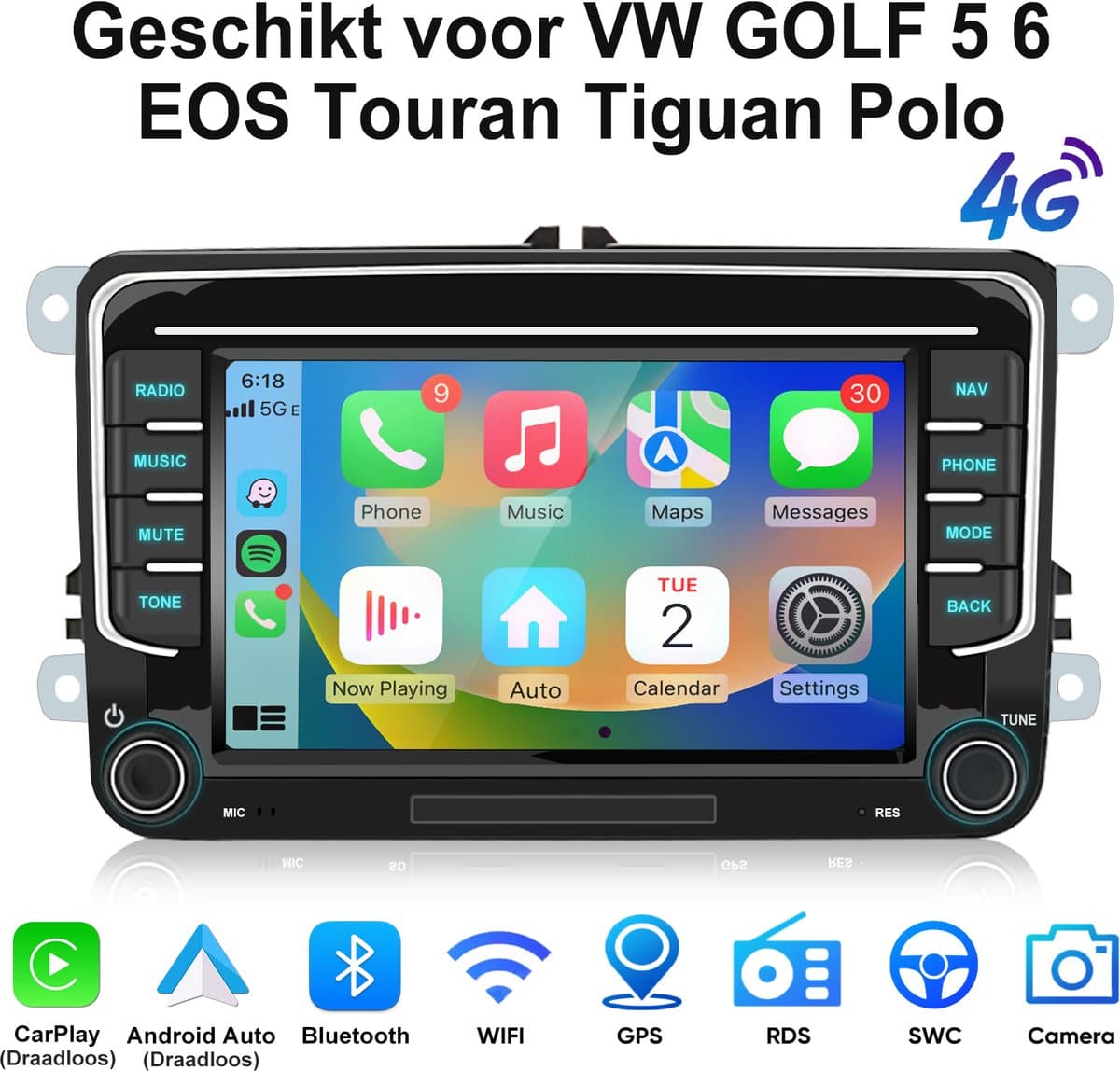 Junsun autoradio Geschikt voor VW GOLF 5 6 Touran Tiguan Passat Skoda Seat draadloos CarPlay Android Auto Auto Intelligent Systeem Auto Multimedia speler 2din - GPS Navi & SWC & Bluetooth & Wifi & 4G LTE & KAM- 6+128 GB