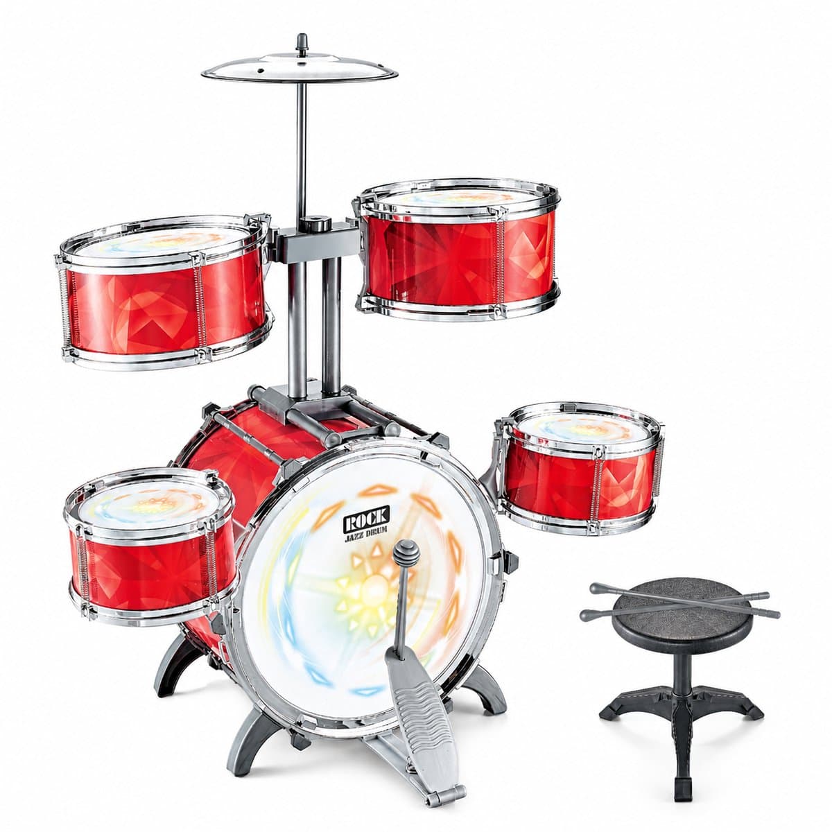 Knobbout music united LED Kinder Drumstel – 5 Trommels, 7 Kleuren Licht & Realistische Sounds – Perfect voor Kleine Drummers - Rood