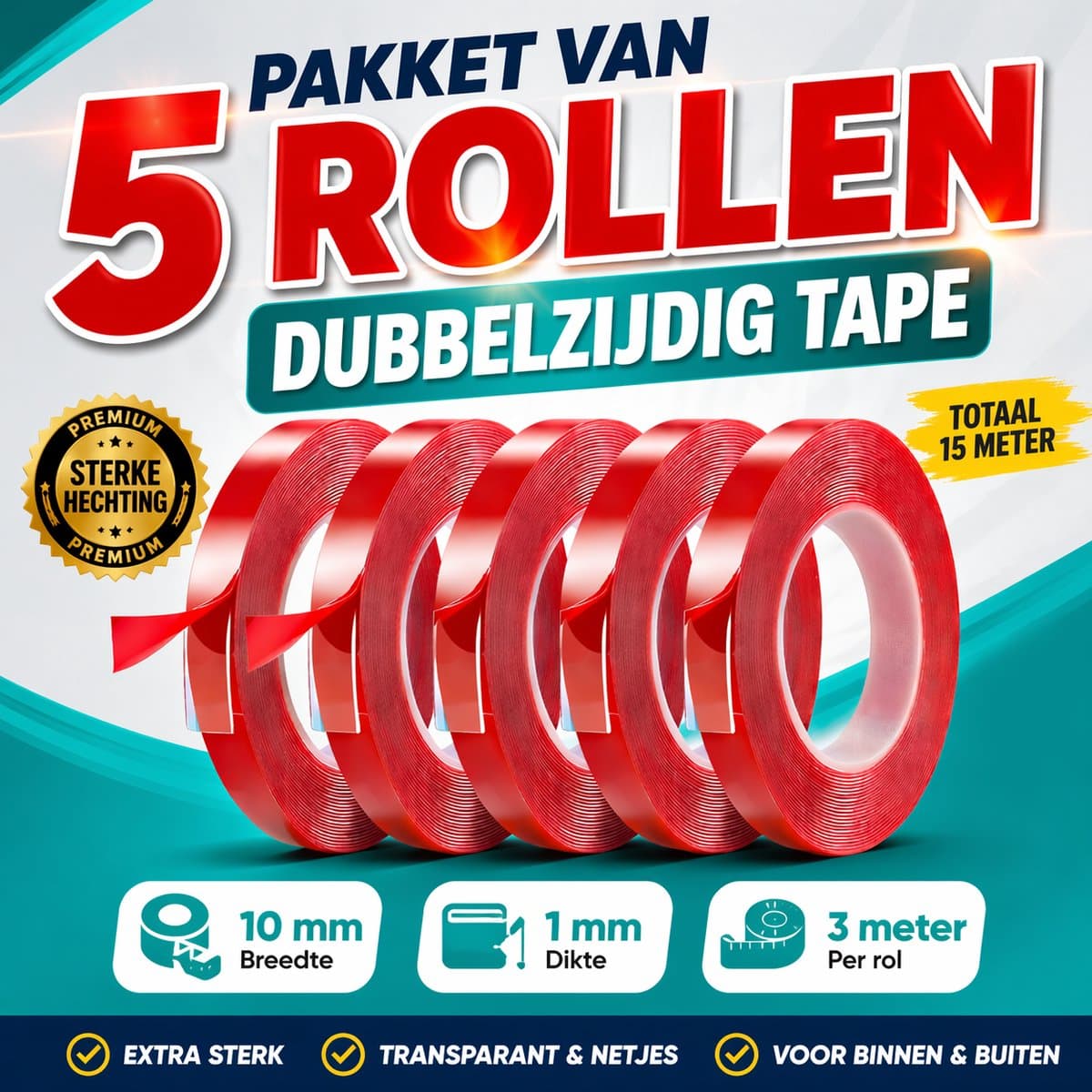 24ME® - Pakket van 5 rollen Dubbelzijdig Tape - Transparant - Totaal 15 Meter - Ultra Strong - Montagetape