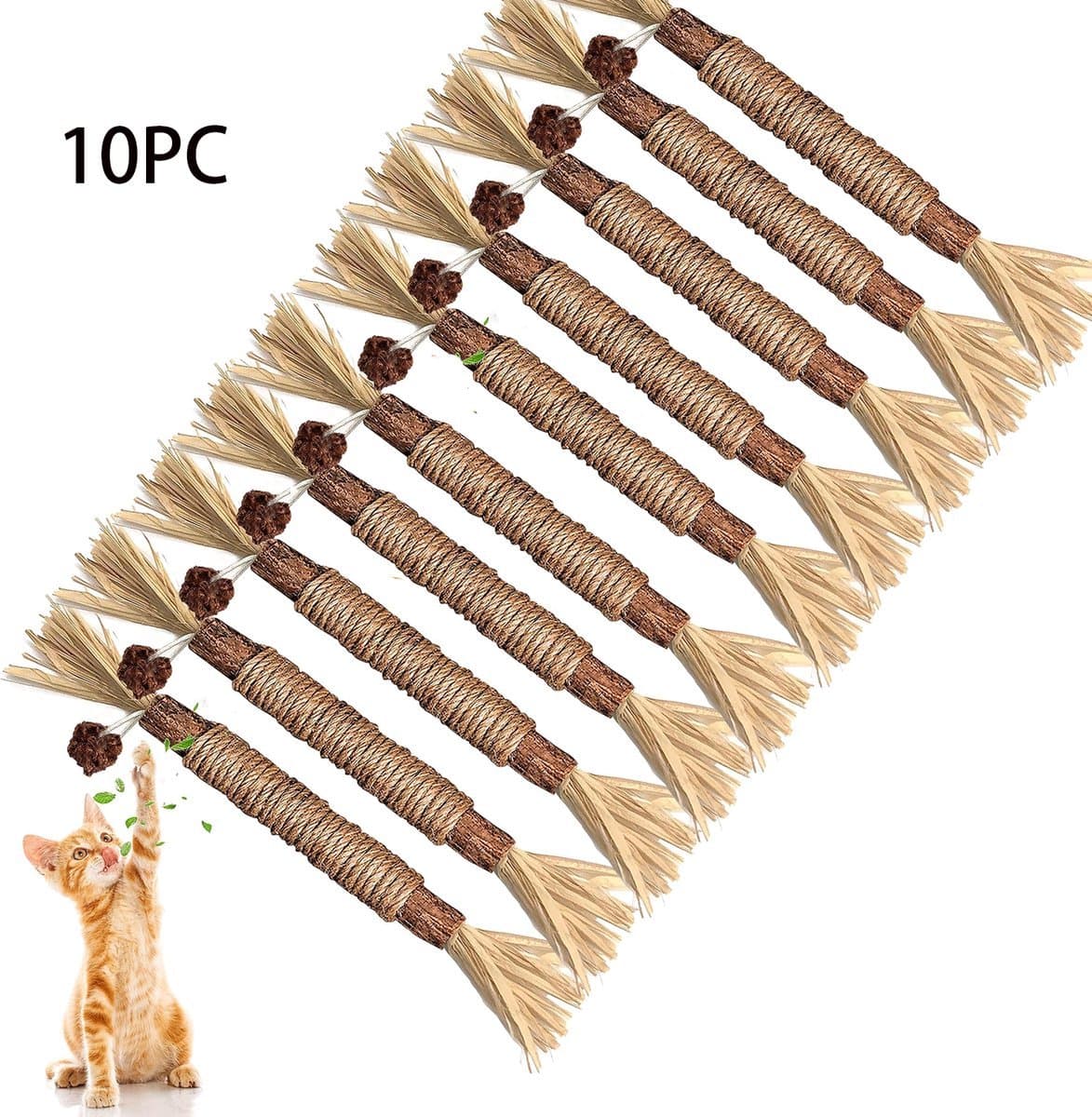 10 Stuks Stokjes Voor Katten - Kattenspeelgoed - Kauwstokjes - 23 cm lengte - Kattenspeeltje - Speelgoed met kattenkruid - Katten - Kattenspeelgoed - Stokvormig kattenspeelgoed - Kauwspeelgoed voor katten en kittens - Houtkleur
