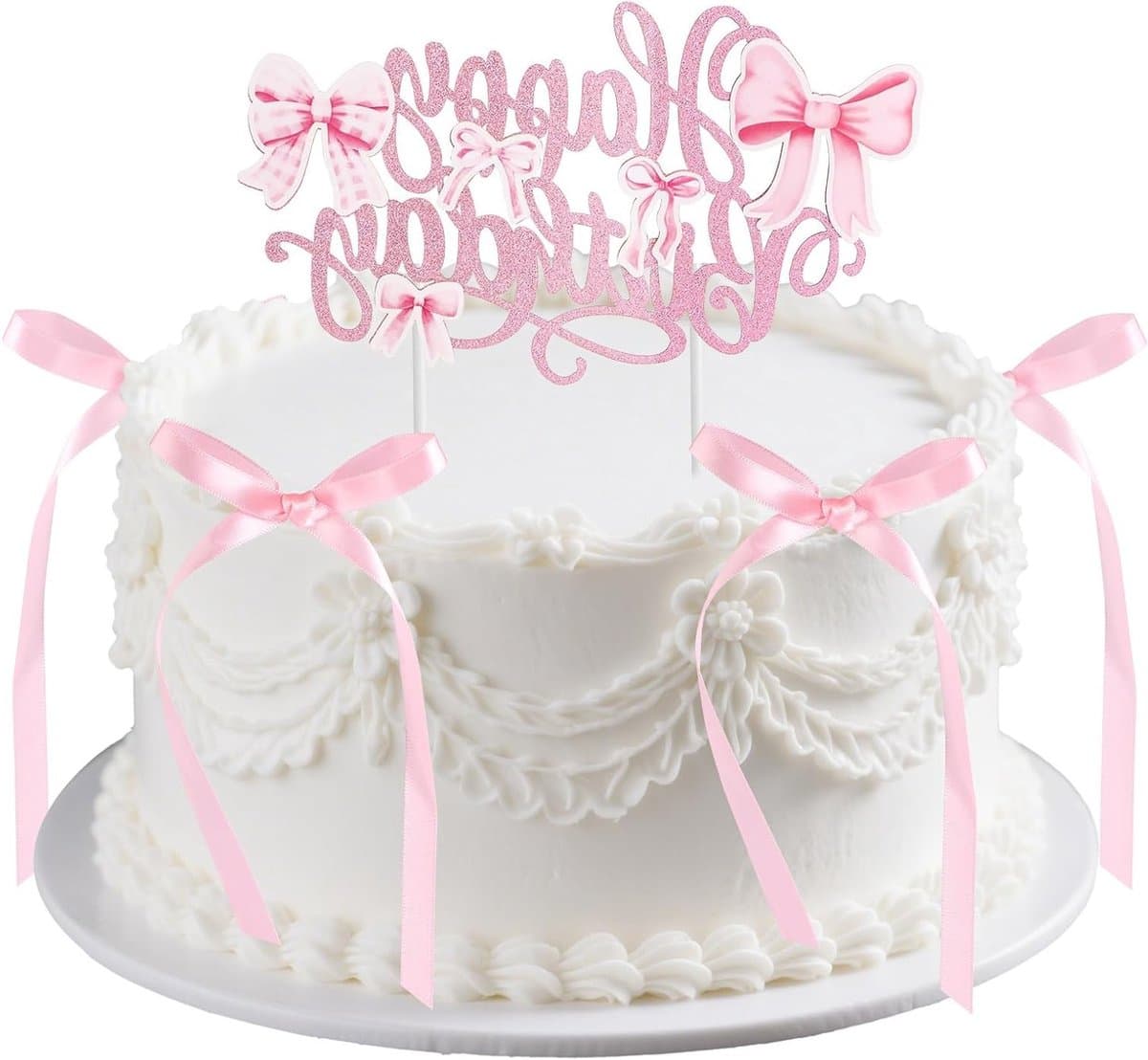 Retro Stijl Cake Topper met Gelukkige Verjaardag Bord, Vintage Coquette Thema Versiering voor Verjaardag, Bruiloft en Babyshower (Roze)