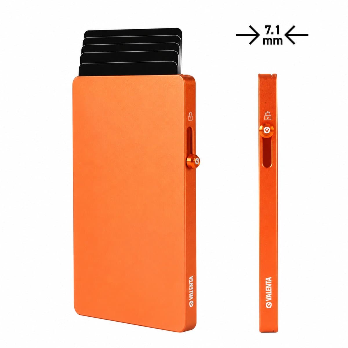 Valenta - Ultradunne Pasjeshouder MagSafe Uitschuifbaar - Oranje - 7.1 mm dun - max. 5 kaarten - Sterke Magnetische Kaarthouder - Aluminium - RFID NFC - EXTRA kaartbeveiliging - Geschikt voor MagSafe