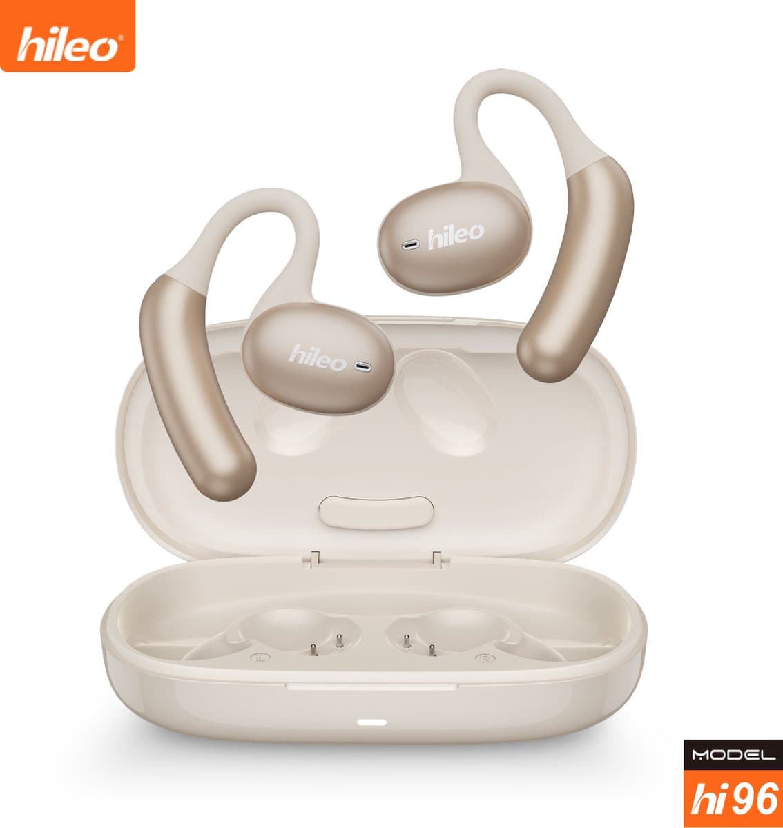 hileo hi96 - Draadloze Oordopjes met Oplaadcase – Beige - Sport - Open-Ear comfort - Bluetooth V5.4 oordopjes – Draadloze oortjes – Geschikt voor IOS/Android