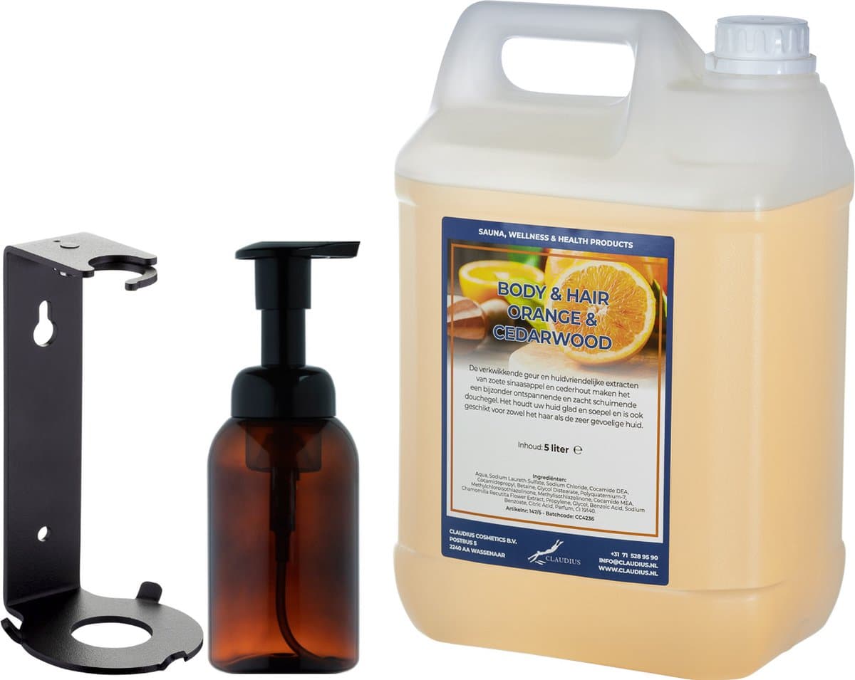 Zeepdispenser 300 ml amber bruin hervulbaar + 5 liter Body & Hair Sweet Orange & Cedarwood navulling (inclusief beugel)
