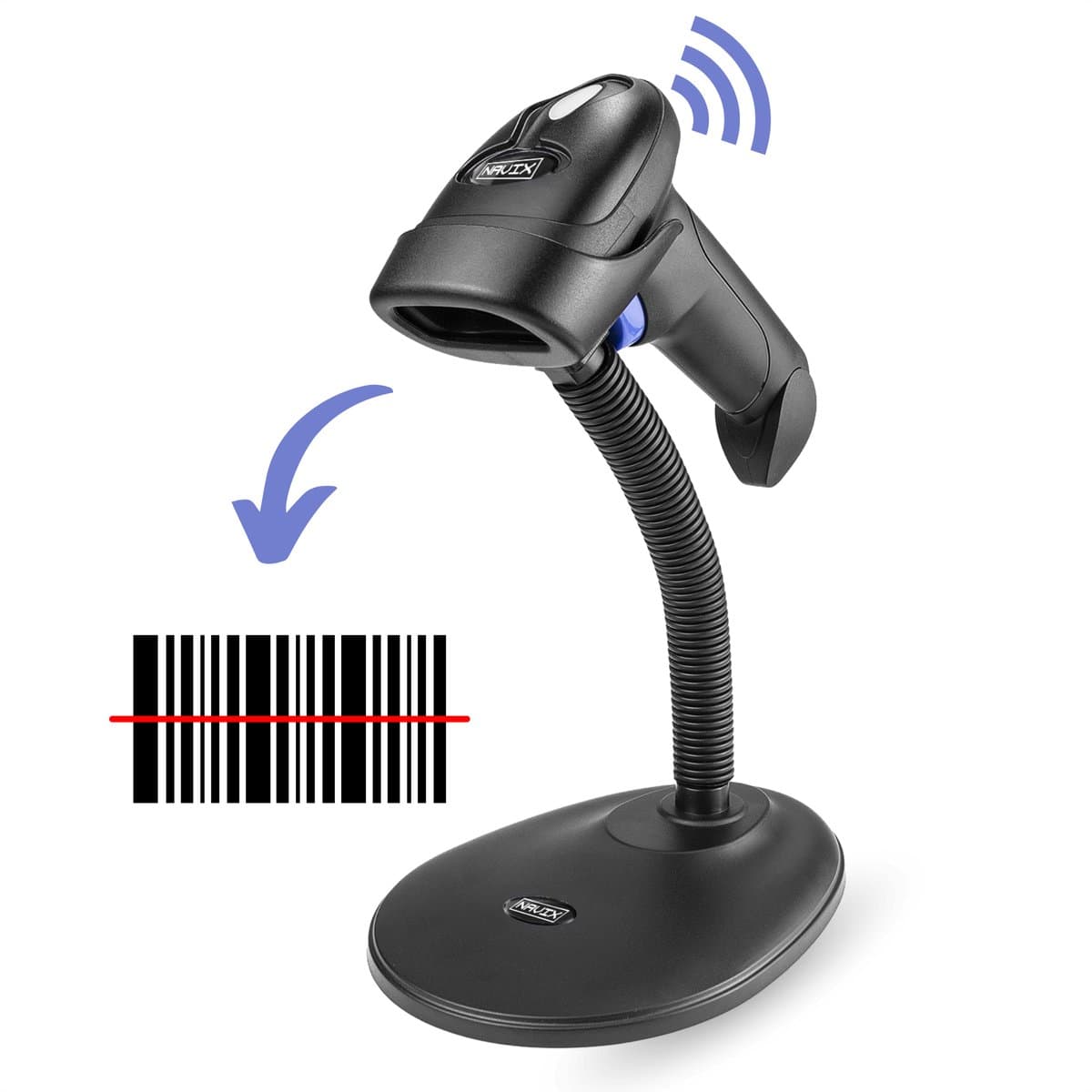 NAVIX 1D Draadloze Barcode Scanner - Flexibele Standaard - Snel en Nauwkeurig Draadloos Scannen - Plug & Play Handscanner - Scannen van Papier en van Beeldscherm