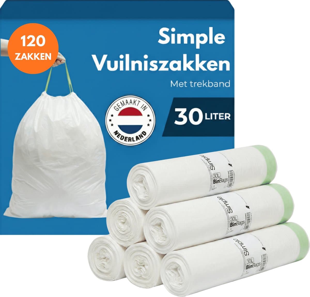 Simple Vuilniszakken 30 liter - 120 Stuks - Geschikt voor Brabantia code O en SimpleHuman code G - Brabantia Vuilniszakken O - Afvalzakken 30 liter - Geproduceerd in Nederland - Poubelle 30L - Vuilzakken 30 liter - Pedaalemmerzakken 30 liter