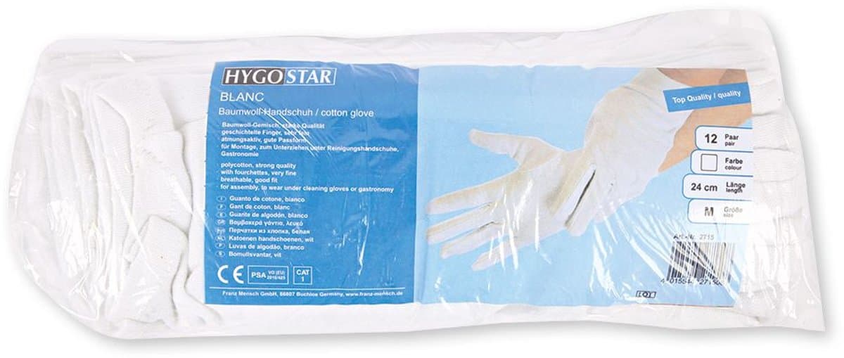 Hygostar Blanc - 12 Paar - Maat M - Katoenen Handschoenen – Wit – Comfortabele Werk- en Beschermhandschoenen – CE Cat. I