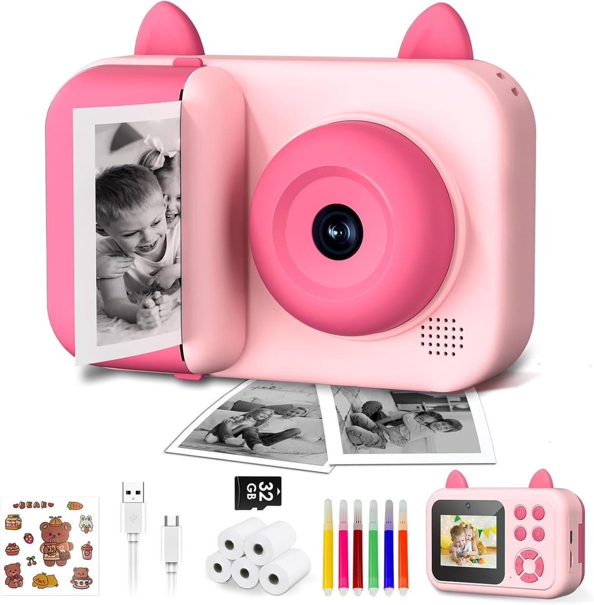 Instant camera voor kinderen met 1080p en 2,4 inch display - Inclusief printpapier en 32 GB kaart