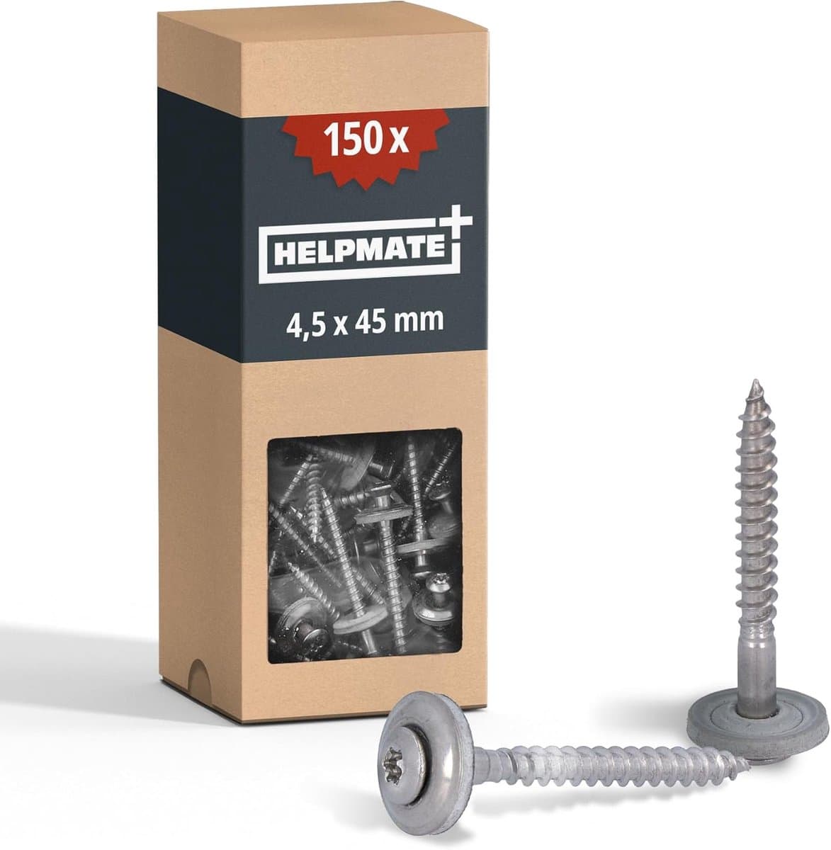 HELPMATE – Loodgietersschroeven 4,5x45 mm, 150 stuks, DIN 7995, roestvrij staal A2, T20, DIN 7995, dakdekkersschroeven, bolkop, met schotelring en EPDM-afdichtingsring, zilver, 4,5 x 45 mm