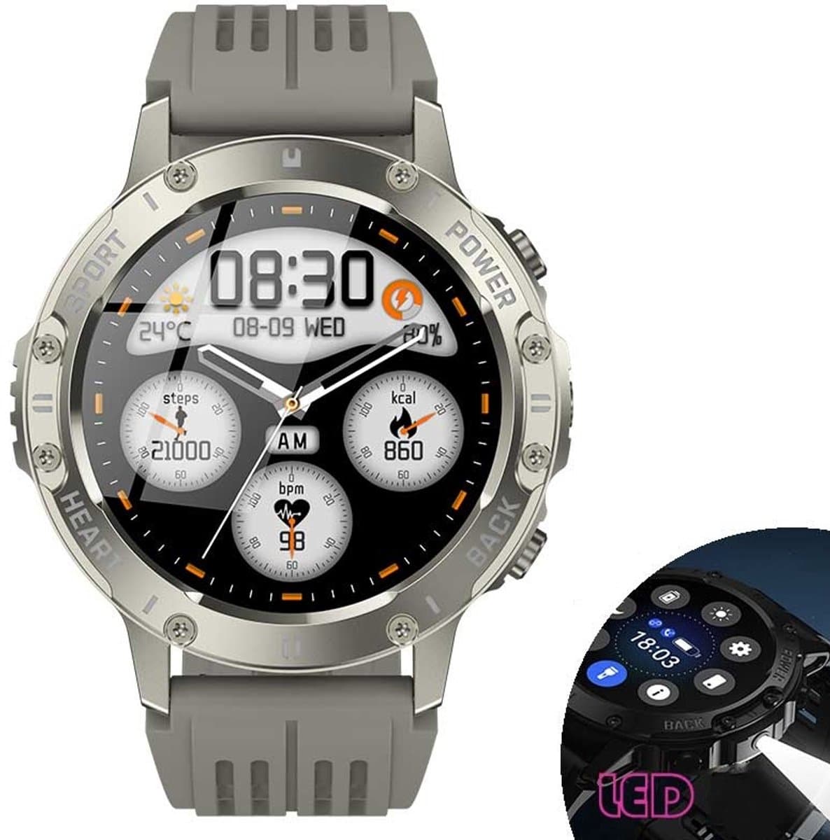 Knobbout 1.46”(3.7cm) Sportieve Smartwatch met LED Zaklamp – Bluetooth Bellen – HD Touchscreen (360×360) – 100+ Sportmodi – Hartslag, Bloeddruk & SpO₂ – IP68 Waterdicht – Muziekbediening – Android & iOS - Grijs
