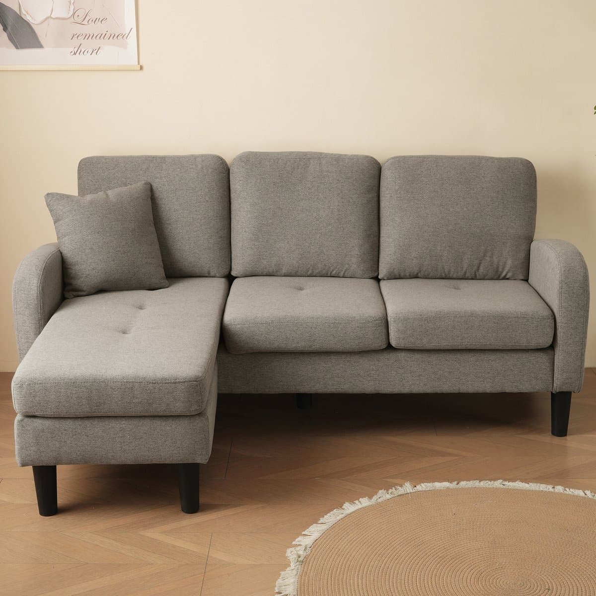 L-vormige hoekbank met chaise longue – 3-zitsbank, 166 x 118 x 77 cm, ademende katoen-linnen stof, kunststof poten, modulair ontwerp, ideaal voor woonkamers, appartementen en kantoren