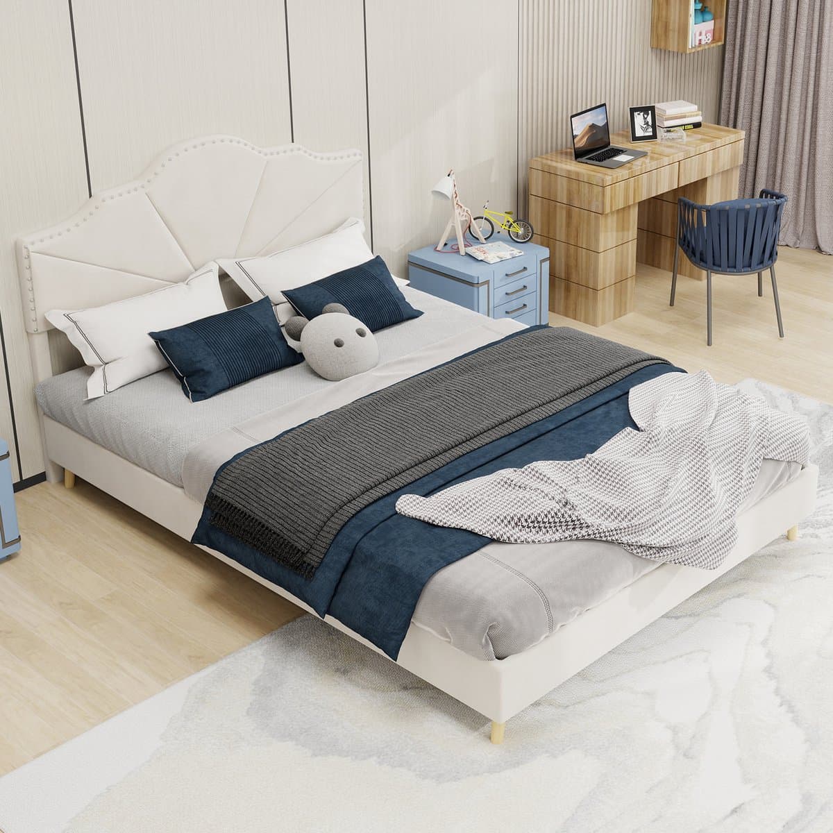 MODENUIT Gestoffeerd bed 140x200 cm – Geometrisch hoofdbord met nageldetail – Lattenbodem – Zonder matras – Beige