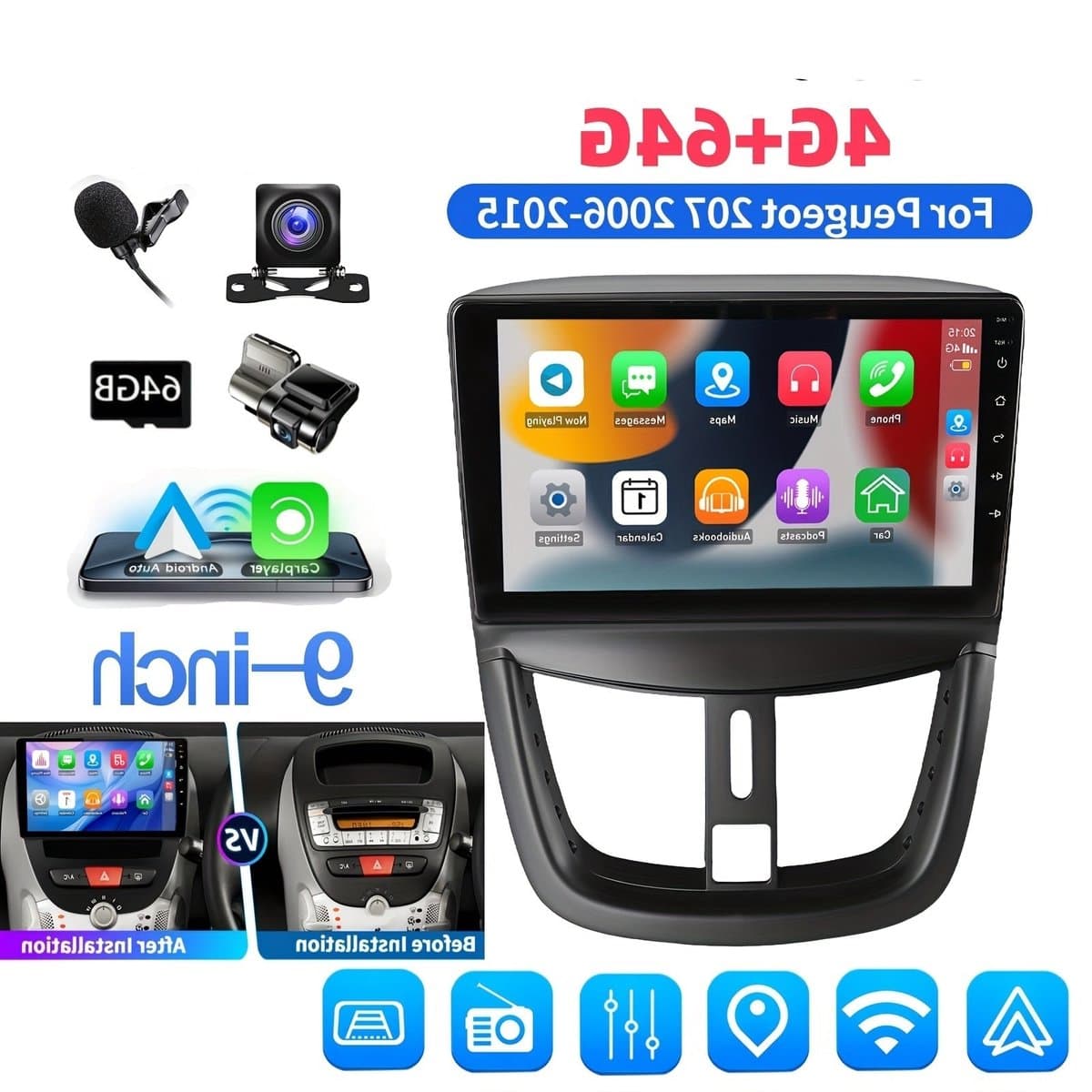 9 inch Autoradio – 2-DIN Multimedia Speler – Touchscreen Navigatie – Bluetooth Radio – WiFi Android Auto – 2GB RAM 32GB Opslag – Achteruitrijcamera Inclusief – HD IPS Scherm 1280x720