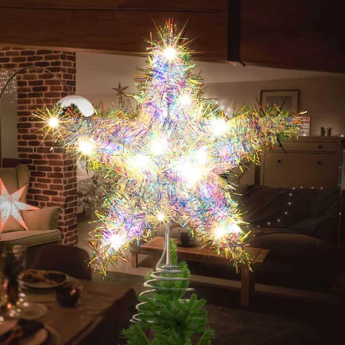Ster voor de Kerstboom, Groot 25x30cm, 20 Warm Witte LED-verlichting met Glinsterend Garen, Decoratie voor de Top van de Kerstboom. (Meerkleurig)