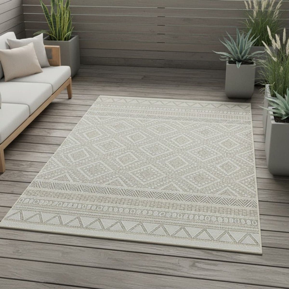 TapisTrend Buiten- en terraskleden Beige 160x220 cm Binnen-/buitenkleed met grote etnische ruiten en geometrische randen voor terras en woonkamer