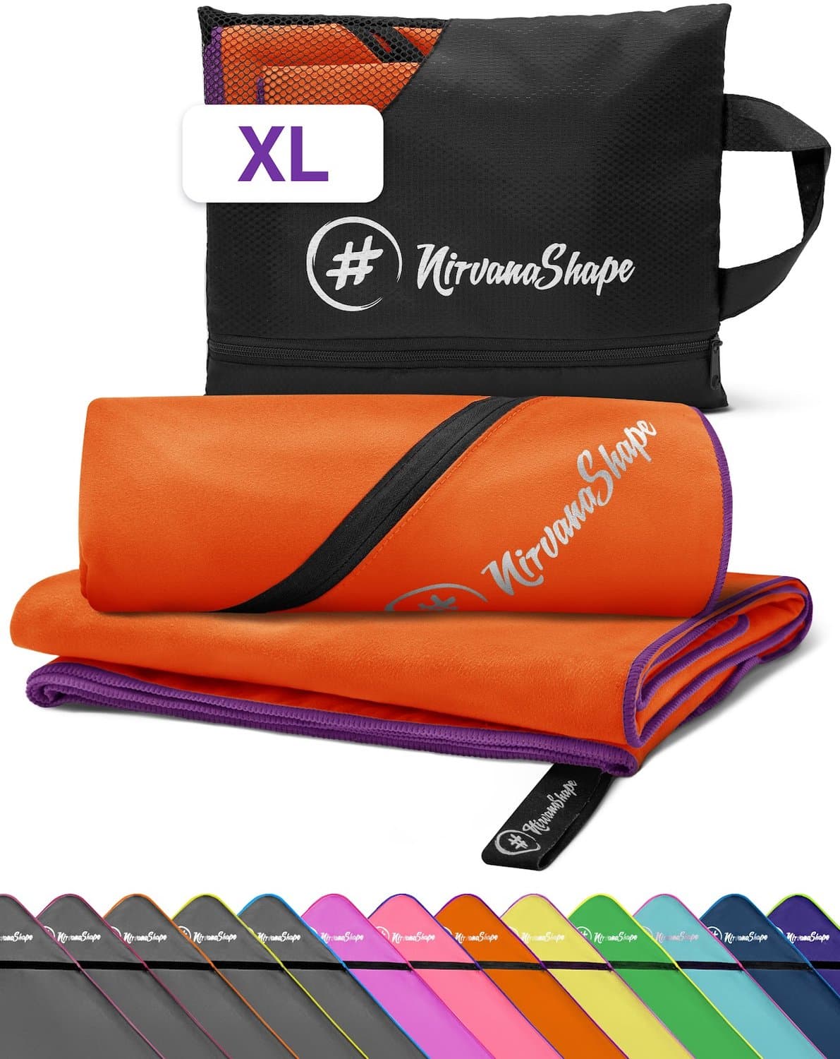 NirvanaShape - microvezel handdoek - strandlaken en badlaken - sneldrogend en absorberend - sporthanddoek met slimme hoekzak - 200 x 100 cm - Oranje / Paarse Rand