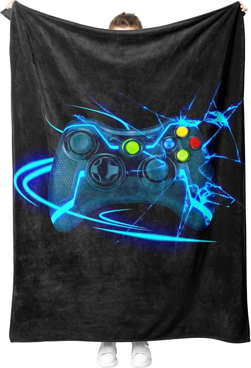 Knuffeldeken, flanellen deken, gameconsole-patroon, fleecedeken, wollig, zacht en warm, 3D gamepad, woondeken, bankdeken voor tieners en volwassenen (stijl D, 130 x 150 cm)