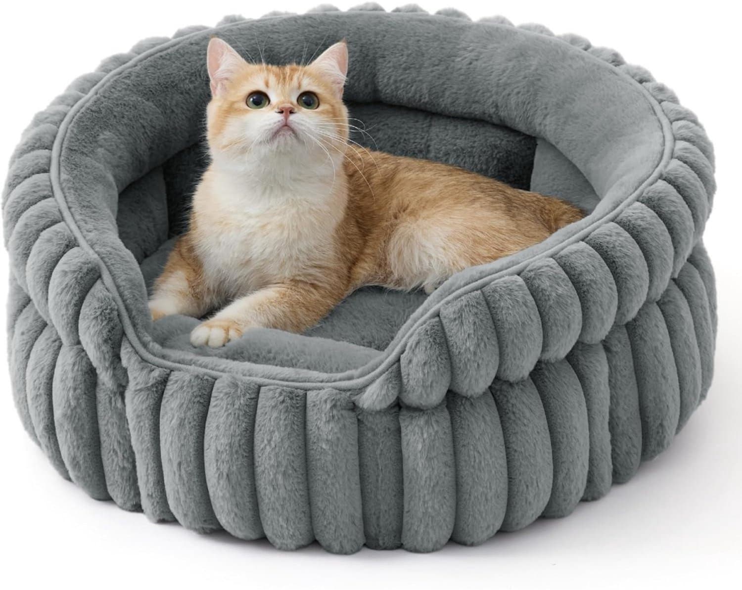 SSTRWGOOD Kattenmand - Wasbare corduroy pluche hondenmand - 51x51 cm - Ronde kattenmand - Knuffelig ontwerp - Diepe slaap - Hoge rand - Verwijderbaar dubbelzijdig matras - Antislip - Grijs