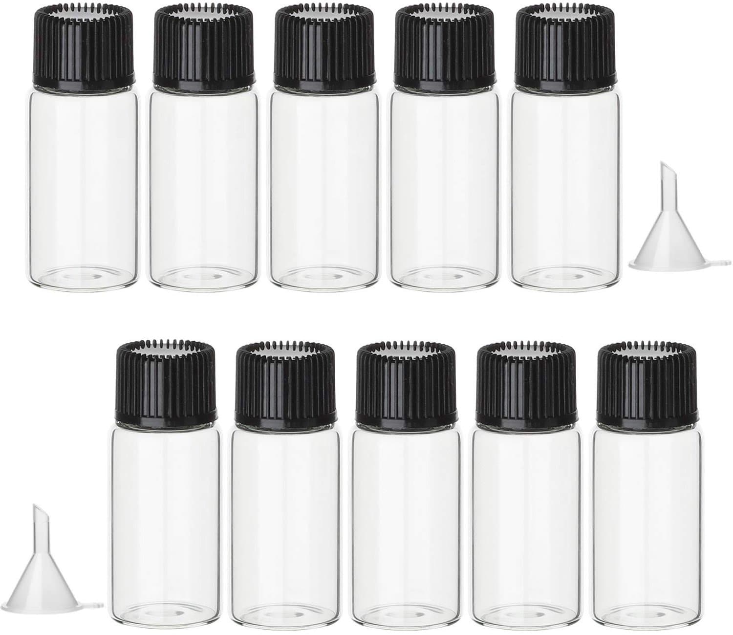 SnelShoppen - Set van 10 Transparante Glazen Flessen 10 ml Mini Monsterflessen met 2 Mini-Trechter voor Cosmetica, Etherische Oliën, Parfums, Knutsele