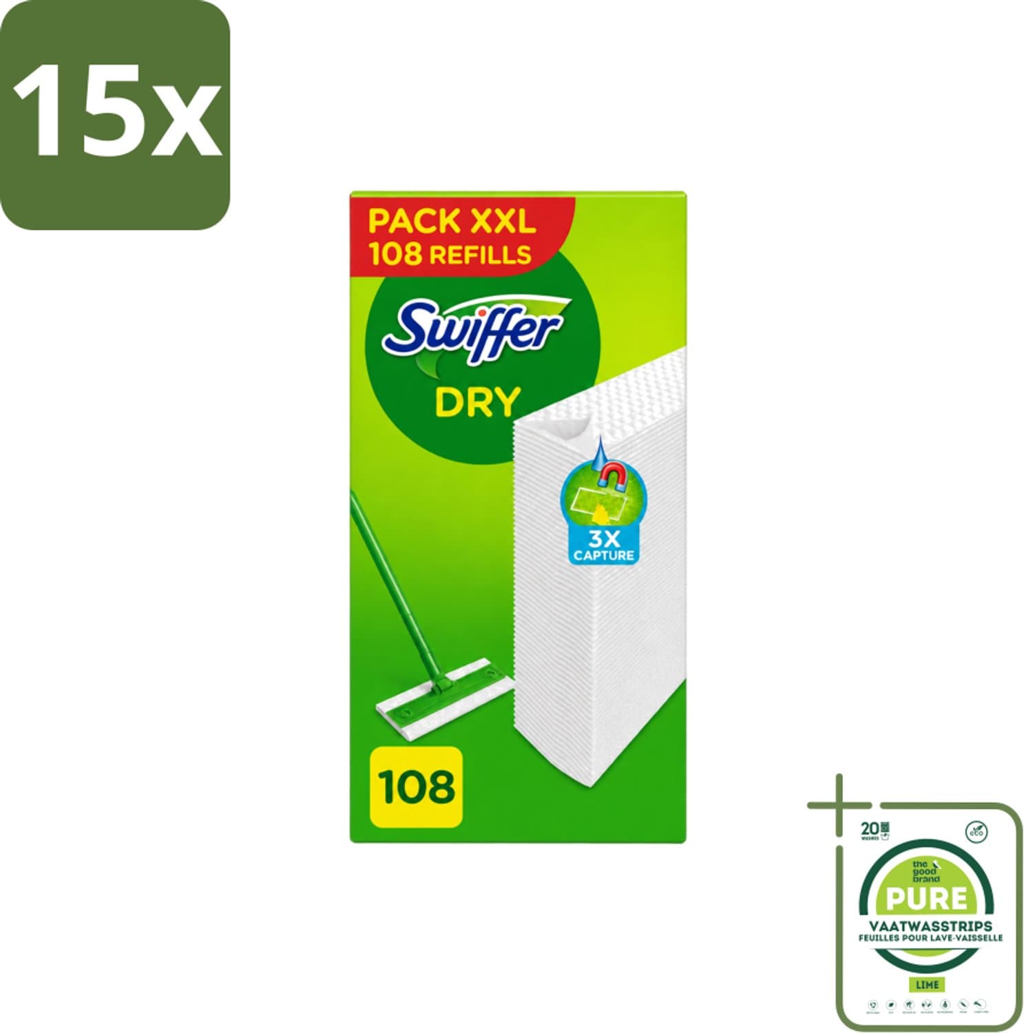 15 x Swiffer – Vloerdoekjes – Dry Navullingen – 108 doekjes - Grootverpakking - Vaatwasstrips - Vloerdoekjes - Schoonmaken - Stofzuigen - Haren Verwijderen - Droge Vloerdoekjes