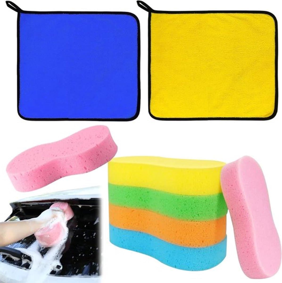 Complete Set van 8 Autowas Sponzen en Microvezeldoeken - Ideaal voor Buiten- en Binnenreiniging van Auto's - 6 Grote Sponzen en 2 Doeken van 25 x 25 cm in Grijs en Geel, Grijs en Blauw