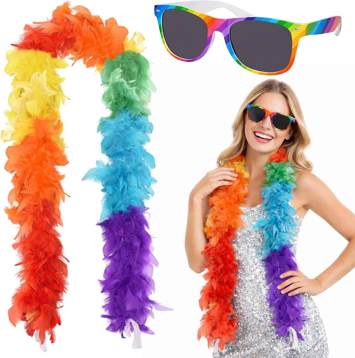 Regenboog veren boa 120 cm - kleurrijke zonnebrillen - perfect voor carnaval - SnelShoppen