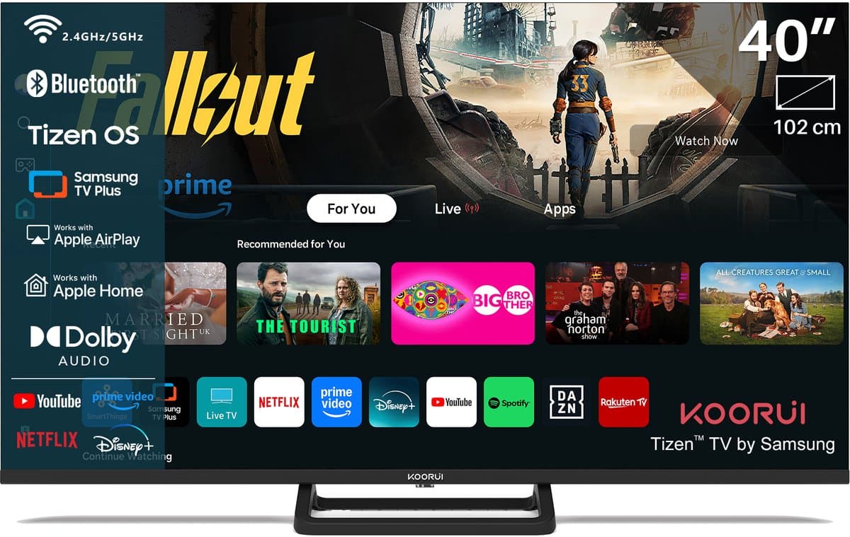 Koorui Tizen by Samsung Smart TV - LED Full HD - 40 inch/102 cm - Streaming apps - AirPlay - Hotelmodus - HDMI x3, USB x2, CI+ - Tripple Tuner DVB-T/T2/S/S2/C - Frameless Design - Enkelvoudige standaard - Geassembleerd in Eindhoven - K40Q1F-T8M