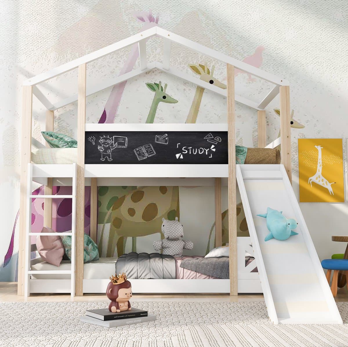 MEUNIQ Kinder hoogslaper 90 x 200 cm met glijbaan, ladder, lattenbodem en boomhutdak, kinderbed voor kinderkamer, wit en naturel