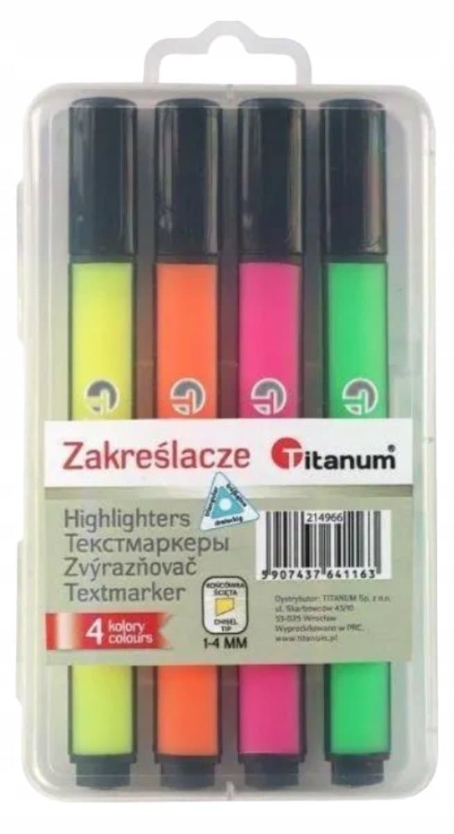 Titanum - Driekhoekige Markeerstiften - 4 Kleuren - Transparant Etui - Schuine Punt